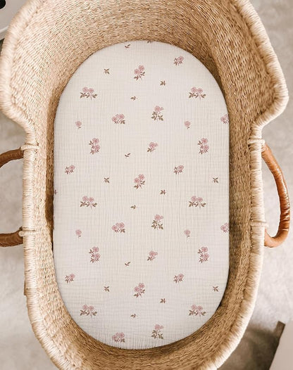 Bassinet Sheet for Baby Boy and Girl 2 Pack, Fitted Sheets for Rectangle, Oval, Hourglass Bassinet Mattress, Muslin Moses Basket Sheets with Neutral Style (Vintage Blossom & Pink)