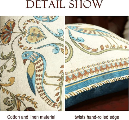 patdrea Designer Rectangle Throw Pillow Covers Set of 2,Farmhouse Blue Linen with Birds Floral Pattern Pillow Cover,Decorative Lumbar Pillowcases Cushion for Bed Living Room Outdoor Car,12"x20"