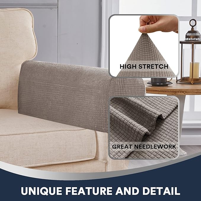 Stretch Sofa Arm Covers Spandex Jacquard Anti-Slip Couch Arm Covers with Sticker Furniture Armrest Protector for Sofa Couch Chair Recliner, Set of 2, Taupe