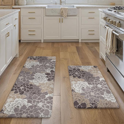 GENIMO Kitchen Mats for Floor 2PCS, Cushioned Anti Fatigue Kitchen Rugs Floral Patterns Mat 20"x32"+20"x48", CoffeeBrown