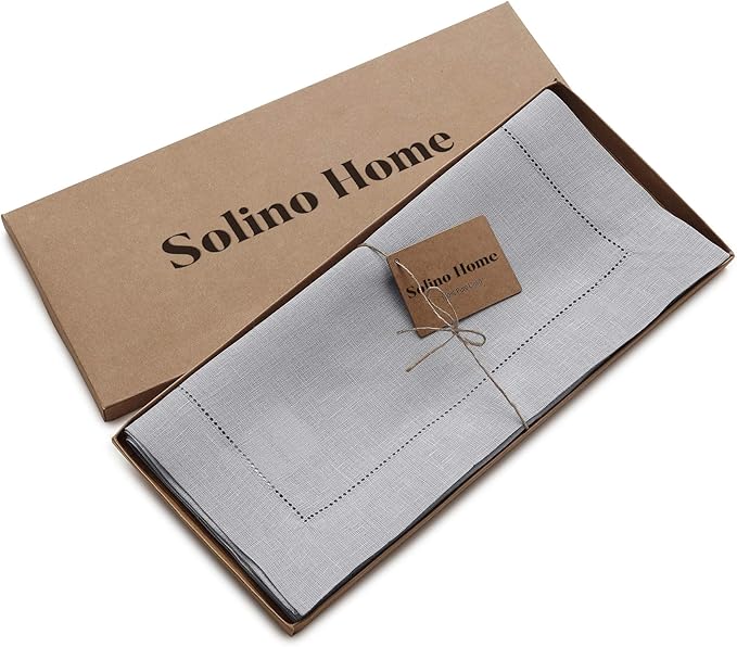 Solino Home Linen Soft Grey Table Runner 144 Inches Long - 100% Pure Linen Extra Long Table Runner 14 x 144 Inch for Christmas, New Year - Classic Hemstitch