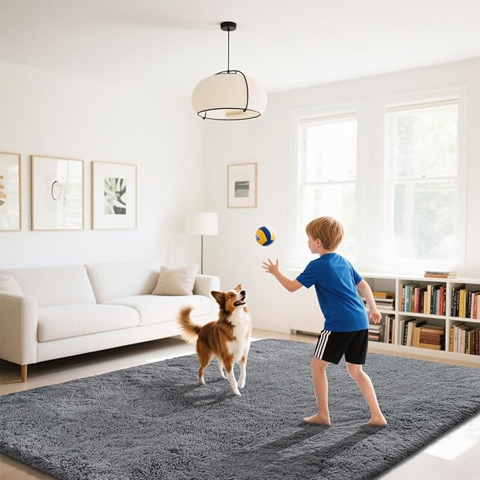 Fluffy Rug Shaggy Area Rug, Dark Grey 6x9 Area Rugs for Living Room, Large Shag Area Rugs for Bedroom Kids Room Home Decor, Upgrade Anti-Skid Rectangular Fuzzy Rugs