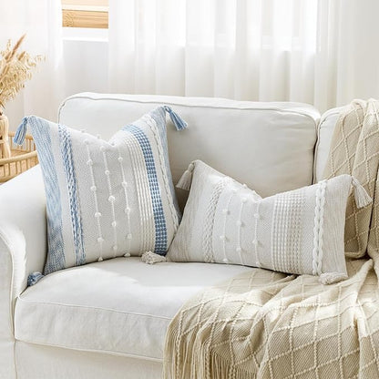Boho Pillow Cover 18x18 Coastal Blue - Handmade Woven Textured Throw Pillow Case with Cordings & Tassels, Decorative Accent for Couch Sofa Farmhouse Living Room Home Decor