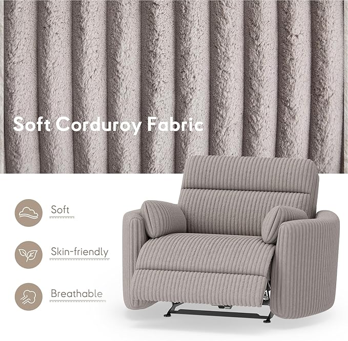 Bonzy Home Oversized Electric Recliner Chair for Adults with Extra-Wide Seat Cushion, Overstuffed Corduroy Power Recliner, Modern Round Single Sofa with 2 Pillows for Living Room, Bedroom, Grey