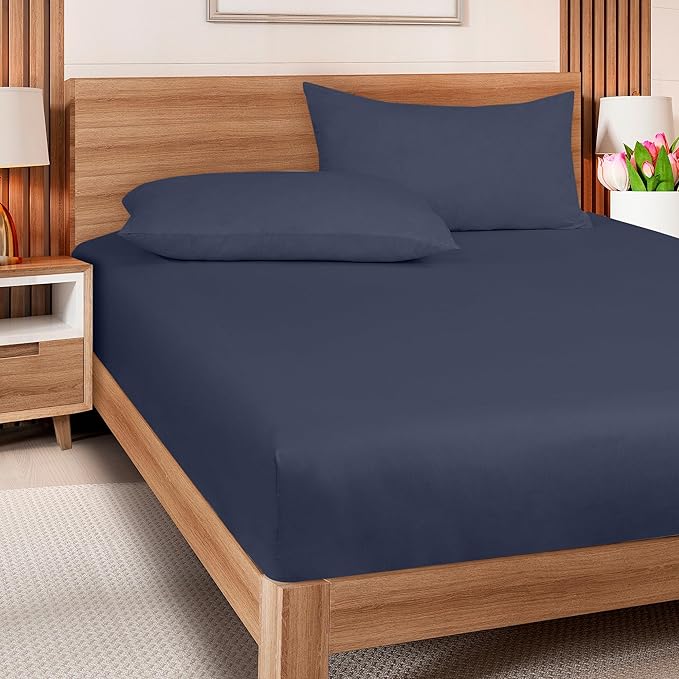 ROYALE LINENS 300 Thread Count 100% Long Staple Combed Cotton Fitted Sheet King - Super Soft Deep Pocket Bottom Sheet - Fitted Sheets Only - Elastic Sheets (King, Navy)