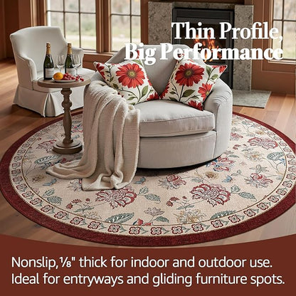 jinchan Elora 6ft Floral Round Rug for Washable Living Room Rug Vintage Romance Christmas Design Non Slip Indoor Floor Cover Lightweight Low-Profile Throw Carpet for Bedroom Porch, Red/Beige
