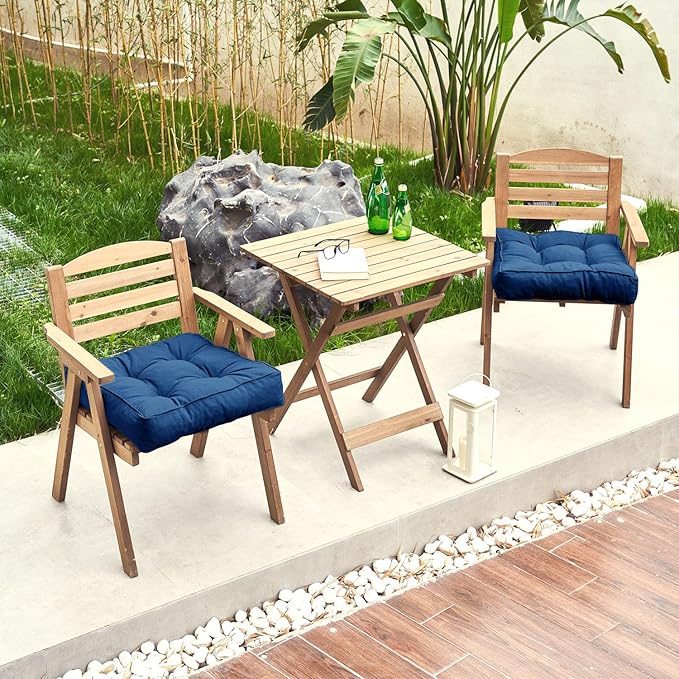 ARTPLAN Outdoor Seat Cushion,Square Thick Tufted Pure Chair Cushion for Patio Wicker Chair with Tie,Set of 2,19"x19"x5"，Classic Blue