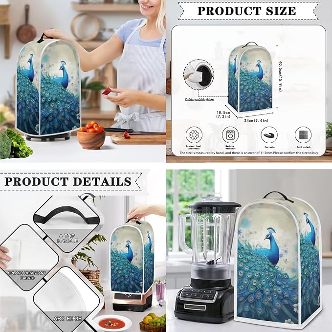 Blue Peacock Print Appliance Covers Set Washable Kitchen Blender Dust Cover Bread Maker Toaster Cover 2 Slice Kitchen Accessories