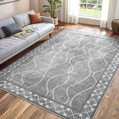 5x7 Light Grey Area Rugs for Living Room, Machine Washable Non-Slip Backing Low Pile Indoor Floor Rugs, Large Modern Carpet for Bedroom Entryway Classroom Playroom Dining Room Home Decor