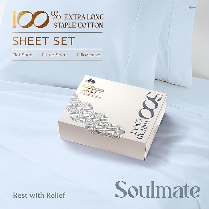 Mayfair Linen 100% Cotton Bed Sheets Full Sheet Set - 500 Thread Count Sheets Full Size 4 PC Set (Light Blue), Soft, Cooling, Hotel-Quality 16" Deep Pocket Sateen Cotton Bedsheet for Hot Sleepers