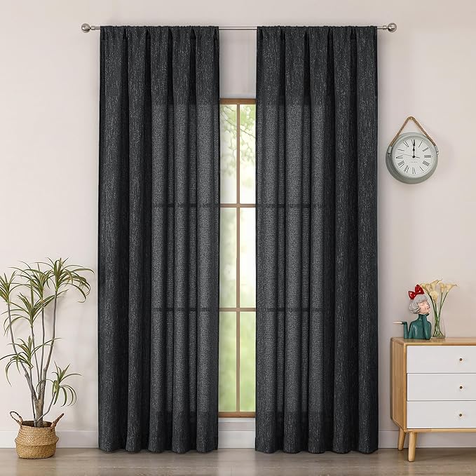 Simplebrand Black Semi Sheer Faux Linen Textured Curtains 84 Inches Long 2 Panels, Light Filtering Farmhouse Bedroom Curtains, Farmhouse Rod Pocket Soft Thick Window Drapes for Living Room, 50Wx84L