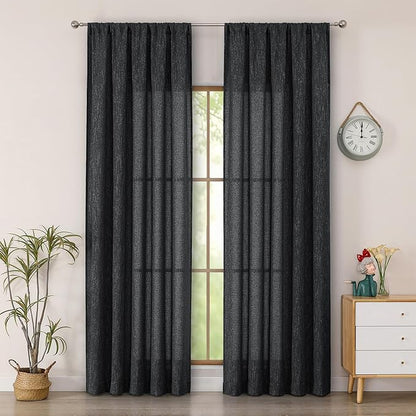 Simplebrand Black Semi Sheer Faux Linen Textured Curtains 84 Inches Long 2 Panels, Light Filtering Farmhouse Bedroom Curtains, Farmhouse Rod Pocket Soft Thick Window Drapes for Living Room, 50Wx84L
