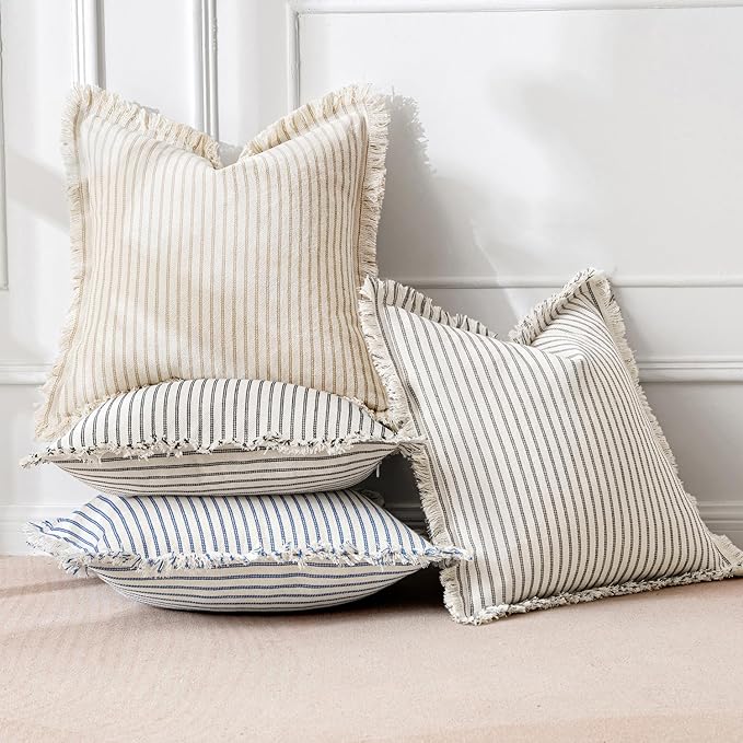 MIULEE Pack of 2 Royal Blue Pillow Covers 18x18 Inch Striped Farmhouse Couch Throw Pillow Covers with Fringe Chic Linen Decorative Cushion Covers for Sofa Living Room Bed Outdoor Home Decor