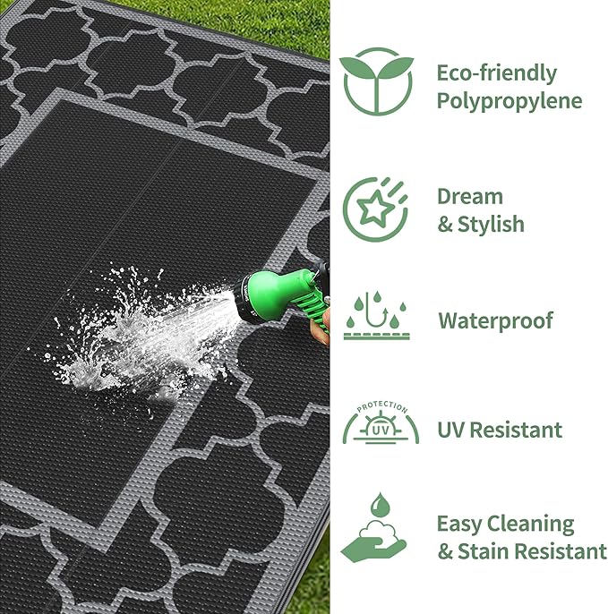 GENIMO 4 ' x 6 ' Outdoor Rug for Patio, Waterproof Indoor Outdoor Plastic Straw Rugs Carpet, Reversible Outside Area Mat for Camping, Balcony Porch, Deck, Picnic, Beach Black Grey