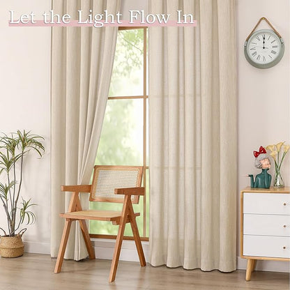 Simplebrand Natural Semi Sheer Faux Linen Textured 120 Inches Long Curtains 2 Panels Set, Privacy Farmhouse Window Drapes for Living Room/Birthday Party/Hallway Window Guest Room, 10FT, 50 x 120 Inch