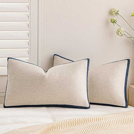 a moment Loop Yarn Linen-Like Pillow Cover Natural Soft Decorative Throw Pillow Case Farmhouse 12x20 Inch, Bohemian Textured Cushion Cover for Sofa Bed, Wrinkle-Resistant Home Decor Navy Blue