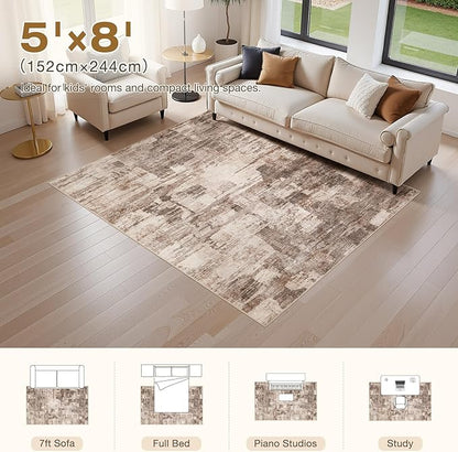 Abstract Living Room Rug 5x8 - Modern Washable Soft Thin Area Rug for Living Room Bedroom Under Dining Table - Neutral Indoor Floor Rug Carpets for Home Office Playroom Nursery - Brown