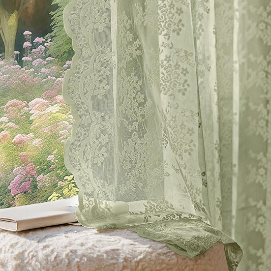 Anmao Vintage Lace Curtains 90 Inches Long 2 Panels Set, Romantic Elegant Light Filtering Semi Sheer Floral Thick Lacy Curtain Drapes for Living Room and Bedroom, Each Panel 55W x 90L, Dry Grass Green