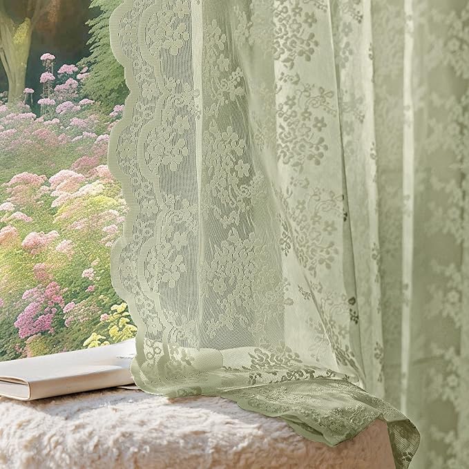 Anmao Vintage Lace Curtains 54 Inches Long 2 Panels Set, Romantic Elegant Light Filtering Semi Sheer Floral Thick Lacy Curtain Drapes for Living Room and Bedroom, Each Panel 55W x 54L, Dry Grass Green