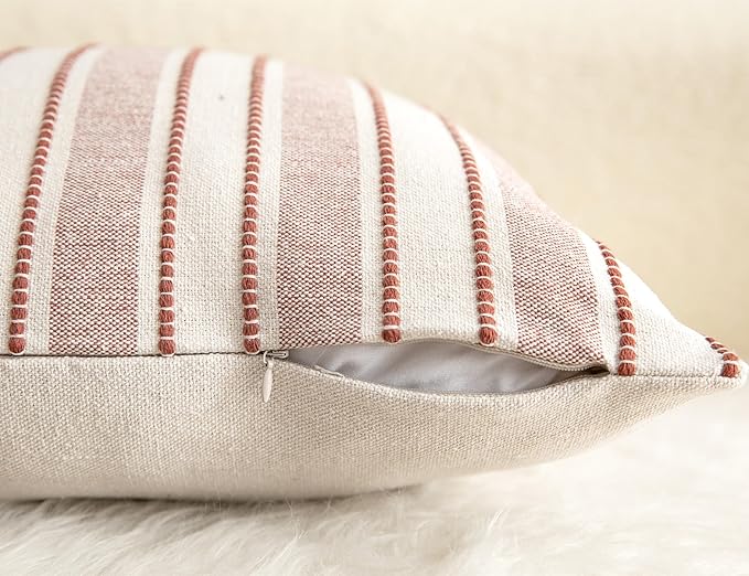 Decorative Boho Throw Pillow Covers, Farmhouse Textured Pillow Case, 18 x 18 Inch Set of 2, Chair Sofa Bedroom Living Room Home Decor Couch Cushion Case, Rust and Beige Striped