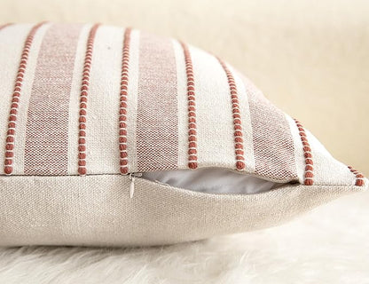 Decorative Boho Throw Pillow Covers, Farmhouse Textured Pillow Case, 22 x 22 Inch Set of 2, Chair Sofa Bedroom Living Room Home Decor Couch Cushion Case, Rust and Beige Striped