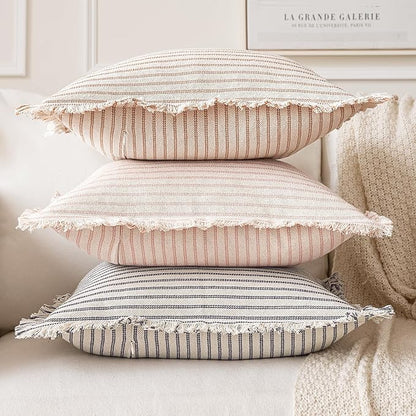 MIULEE Pack of 2 Pink Pillow Covers 24x24 Inch Striped Farmhouse Couch Throw Pillow Covers with Fringe Chic Cotton Decorative Cushion Eruo Sham for Sofa Living Room Bed Outdoor Home Decor