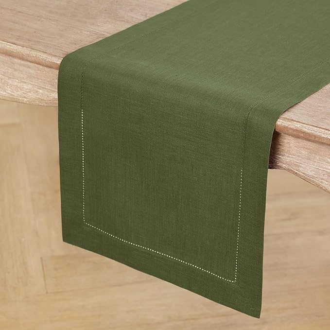 Solino Home Linen Olive Table Runner 108 Inches Long - 100% Pure Linen 14 x 108 Inch Table Runner for Christmas, New Year - Classic Hemstitch