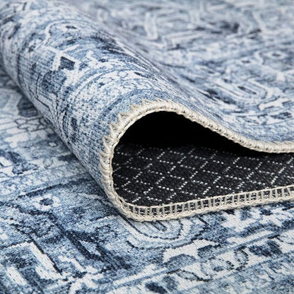 Bloom Rugs Washable Non-Slip 5' x 7' Rug - Ivory/Denim Blue Traditional Medallion Area Rug for Living Room, Bedroom, Dining Room, and Kitchen - Exact Size: 5' x 7'