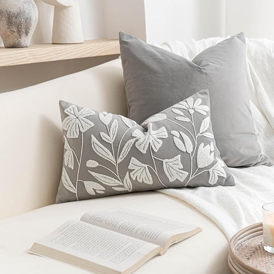 BlissBlush Grey Velvet Decorative Lumbar Throw Pillow Cover 12X20, Light Gray Floral Tufted Soft Farmhouse Textured Pillowcase, Accent Pillowcase for Couch Sofa Bed Living Room