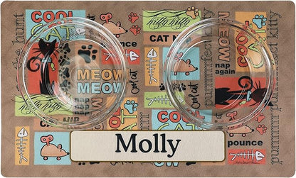 Drymate Personalized Pet Bowl Placemat, Custom Dog & Cat Food Feeding Mat - Absorbent Fabric, Waterproof Backing - Machine Washable/Durable (USA Made) (12" x 20") (Cool Cat - Brown)