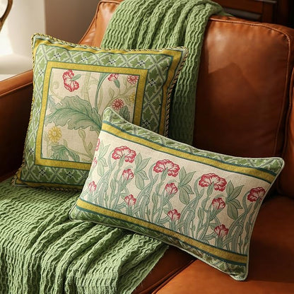 patdrea Designer Rectangle Throw Pillow Covers,Farmhouse Linen with Green Floral Pattern Pillows Cover,Decorative Lumbar Pillowcases Cushion for Bed Living Room Outdoor Car,12"x20"