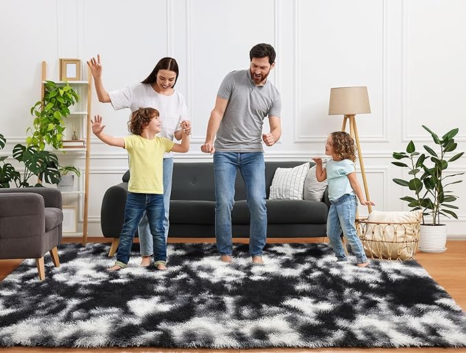 ONASAR Black and White Area Rugs for Living Room Bedroom, 5x8 Fluffy Rug, Washable Soft Plush Shag Floor Carpet for Nursery Kids Girls Boys Teen Baby Dorm Bedside Playroom Indoor Home Decor Aesthetic