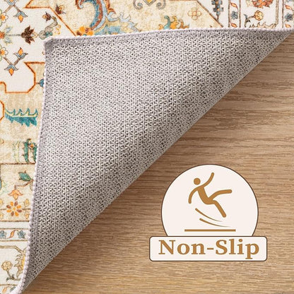 SERISSA Boho Area Rug 5x7 Light Yellow, Washable Large Rugs for Living Room, Ultra Soft Non-Slip Bedroom Rug Print Distressed Vintage Farmhouse Carpet Rug for Dining Room Dorm Office Home Decor