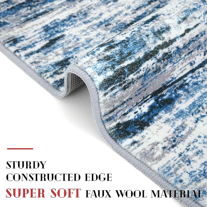 Modern Abstract Hallway Runner Rug, Grey Blue White Washable Kitchen Runner Non-Slip Soft 2x8 Runner Rug Thin Print Faux Wool Carpet for Entryway Bedroom Laundry Room Indoor Home Decor