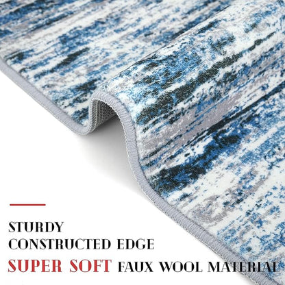 Modern Abstract 4x6 Living Room Washable Rug Non-Slip Soft Bedroom Area Rug Grey Blue White Thin Print Faux Wool Floor Carpet Throw Rugs for Nursery Playroom Dining Room Indoor Home Decor