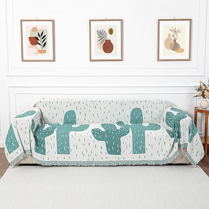 MYSKY HOME Couch Cover for Sectional Sofa Set Cactus Pattern Sofa Cover Washable for Dogs Cats Pets Couch Cover 3 Cushion Sofa Chenille Couch Protector Multi-Use Couch Cover Blanket, 71" X134"