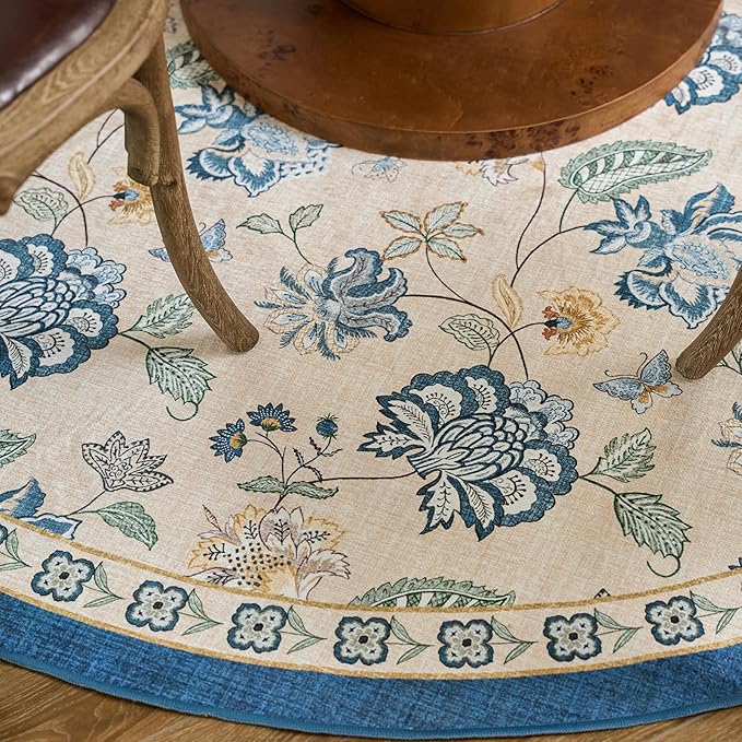 jinchan Elora Floral Corner Rug for Living Room Washable Bedroom Rug Vintage Romance Design Non Slip Quarter Circle Lightweight Low-Pile Throw Carpet for Reading Nook Playroom, 8ft Radius, Blue/Beige