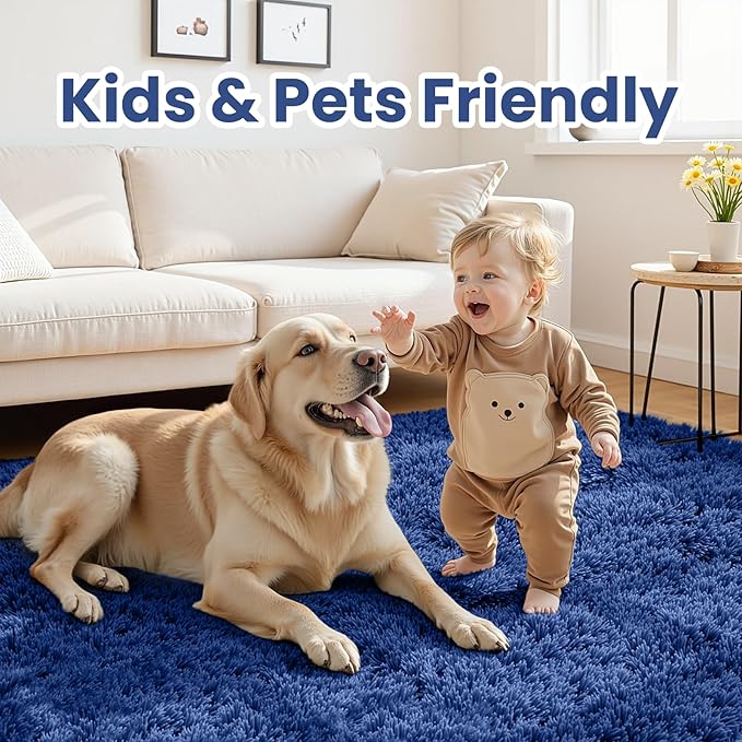 2x6 Bedside Area Rugs for Bedroom: Soft Fluffy Shag Blue Rug for Hallway, Non-Slip Fuzzy Plush Living Room Rug Indoor Floor Carpet for Kids Rooms, Dorm, Nursery, Modern Home Aesthetic Decor