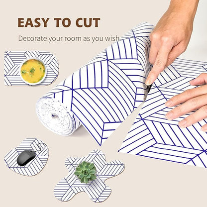 Shelf Liners for Kitchen Cabinets 17.3in x 20FT, Non Adhesive Cabinet Liner Strong Non-Slip White and Blue Geometric Drawer Liner, Easy to Clean for Shelf, Cabinet with Knife and Tape Measure