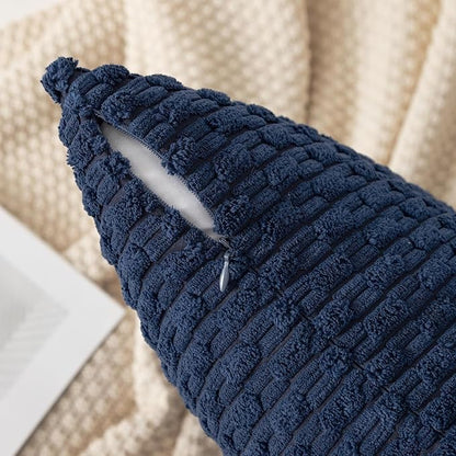 Kevin Textile 14x36 Inch Long Lumbar 1 Pack Boho Decorative Throw Pillow Cover Soft Striped Corduroy Rectangle Cushion Case Farmhouse Solid Color Accent for Living Room Couch Sofa Bed, Navy Blue