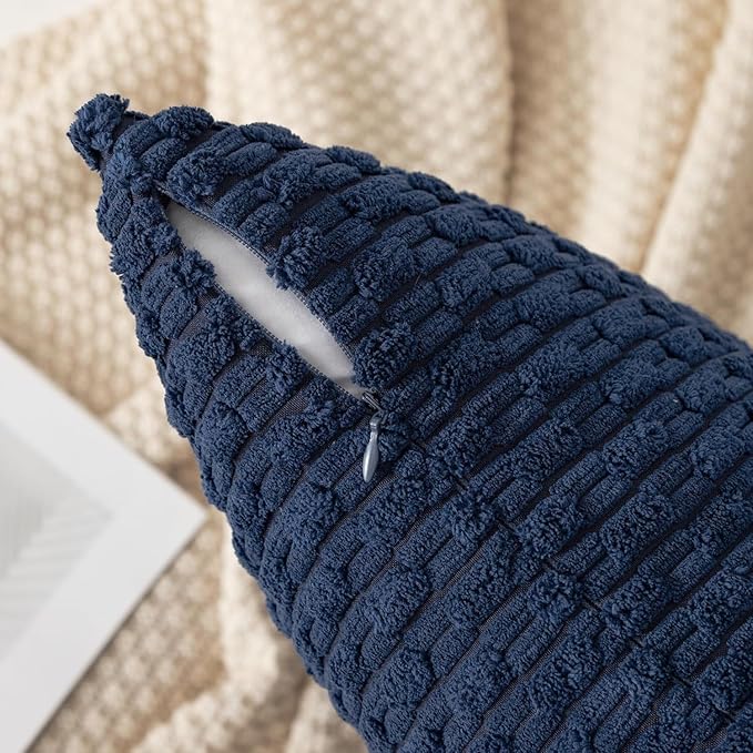 Kevin Textile 20x54 Inch Long Body Lumbar 1 Pack Boho Decorative Throw Pillow Cover Soft Striped Corduroy Rectangle Cushion Case Farmhouse Accent for Living Room Couch Sofa Bed, Navy Blue