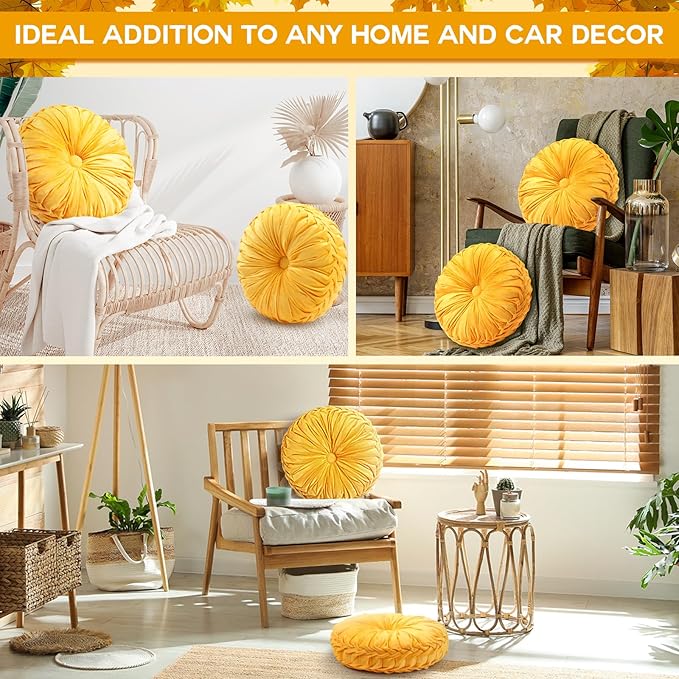 2 Pcs Round Throw Pillows 15 Inch Decorative Velvet Pleated Pumpkin Floor Boho Pillows for Living Room Couch Chair Bed Sofa (Yellow)