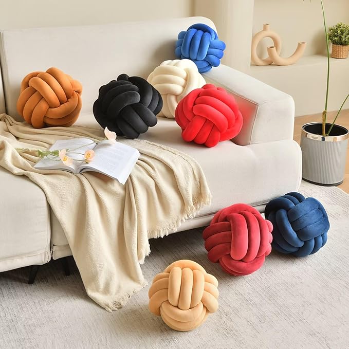 Decorative Throw Knot Pillow Ball for Home Chair Sofa Aesthetic Round Velvet Knotted Pillow Cushion (Black, 11 inches)