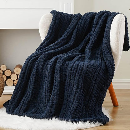 Battilo Navy Chunky Knit Throw Blanket for Couch, Navy Blue Chenille Throw Blanket Super Soft Cozy Thick Warm Cable Knitted Blanket for Bed, Sofa, Living Room, 50"x60"
