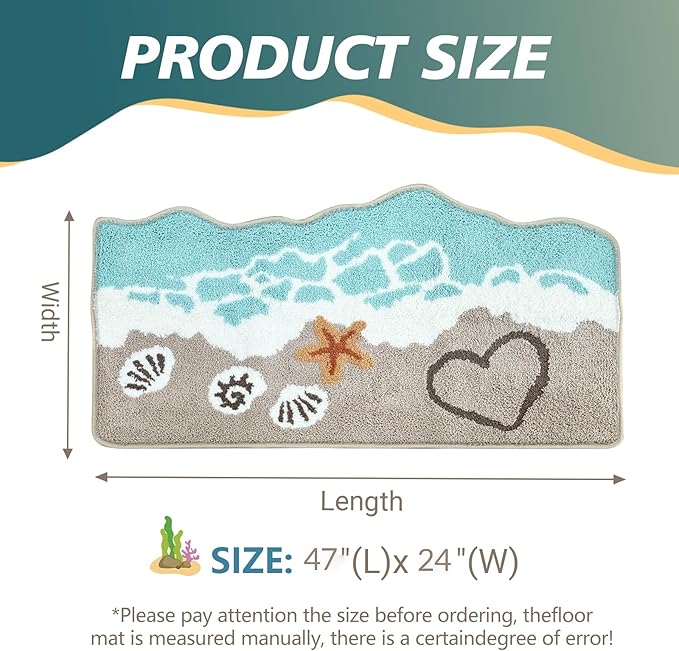 Beach Bathroom Rugs Soft Absorbent Ocean Wave Bath Mat with Non-Slip Backing Coastal Decor for Bathroom Kitchen Entryway, Blue Sea Design with Starfish Shells Pattern Bath Decor (C, 24"x47")