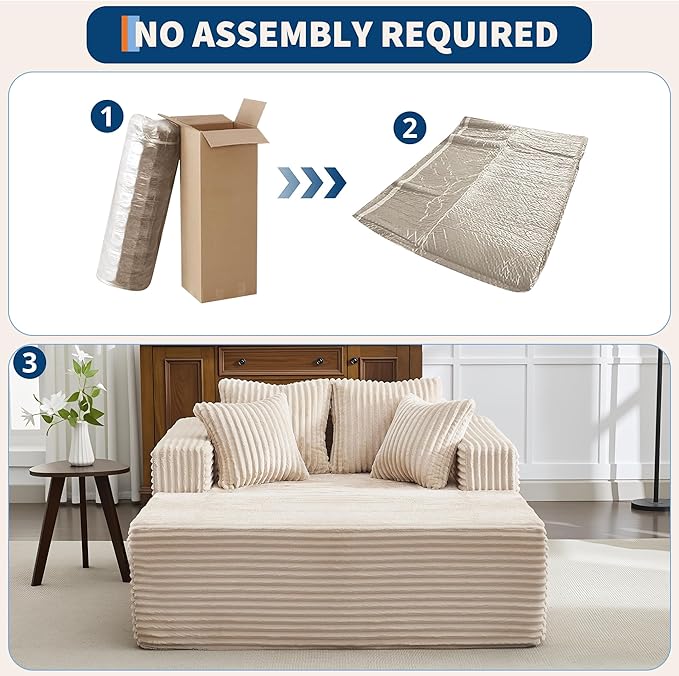 61" Oversized Chaise Lounge Chair Indoor, Boneless Couch Cloud Fluffy Chaise Lounges Corduroy Upholstered Sofa Bed w/Throw Pillows for Living Room Home Camel