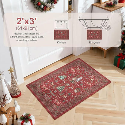 Christmas Living Room Area Rug 2x3 - Large Soft Washable Oriental Traditional Distressed Farmhouse Rugs for Bedroom - Indoor Floor Accent Carpet for Home Office House Decor - Red