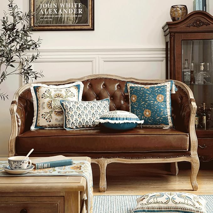 patdrea Designer Rectangle Throw Pillow Covers,Rustic Vintage Blue Linen with Floral Pattern Pillow Cover,Decorative Lumbar Pillowcases Cushion for Bed Living Room Outdoor Car,12"x20"