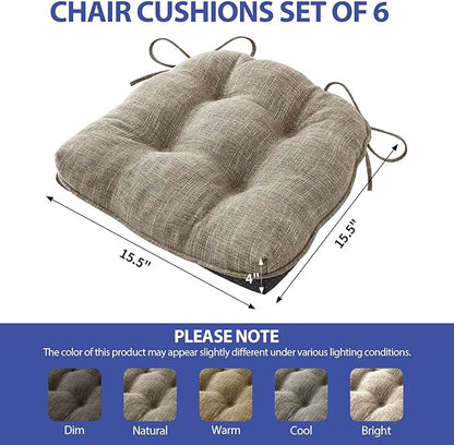 Chair Cushions for Dining Chairs Set of 6, Kitchen Chair Cushions, Chair Pads with Ties and Non Slip Backing, Tufted Memory Foam Seat Cushion 6 Pack, 15.5" x 15.5" x 4", Khaki