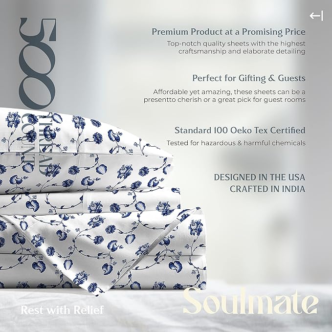 Mayfair Linen 100% Cotton Printed Bed Sheets Twin Size Set - 500 Thread Count Cotton Twin XL Sheets for Dorm Room, 3 PC Set (Floral Blue Print), Soft, Cooling, Sateen Weave 16" Deep Pocket Bedsheet